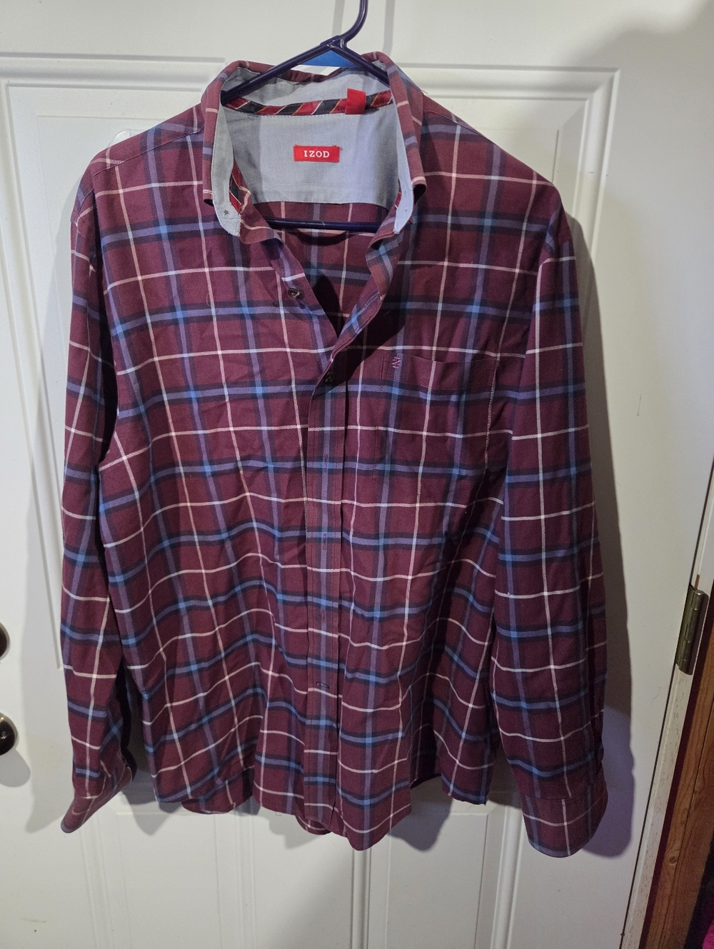 Izod Men's Burgundy Plaid Button-Down Shirt with Blue Accents